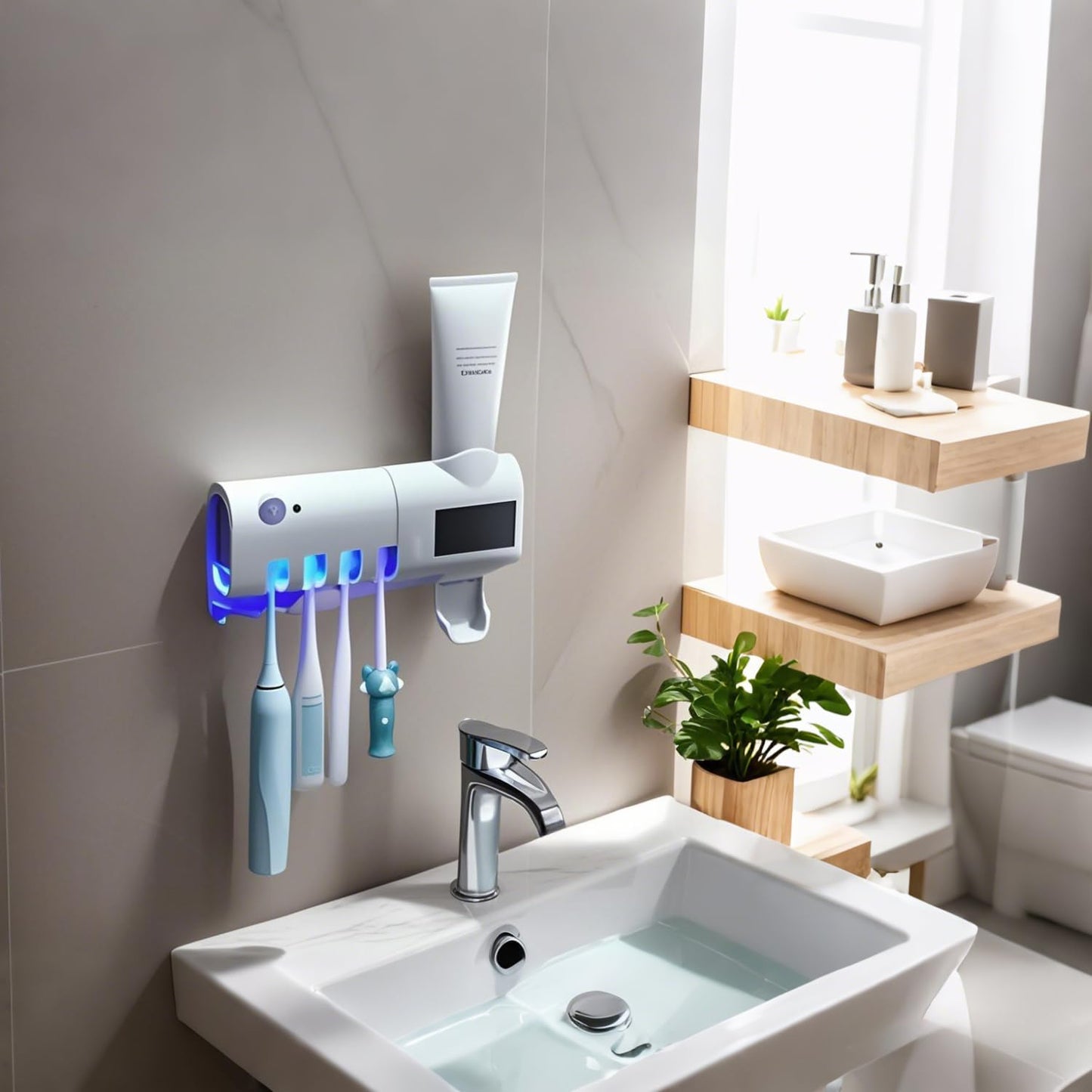 Dispositivo UV eliminando bacterias en cepillos de dientes con dispensador automático de pasta dental