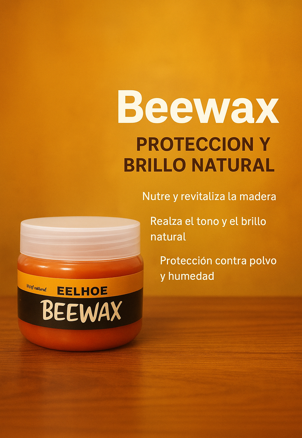 Aplicación de Cera Beewax natural sobre muebles de madera para restaurar su brillo y proteger contra humedad y polvo