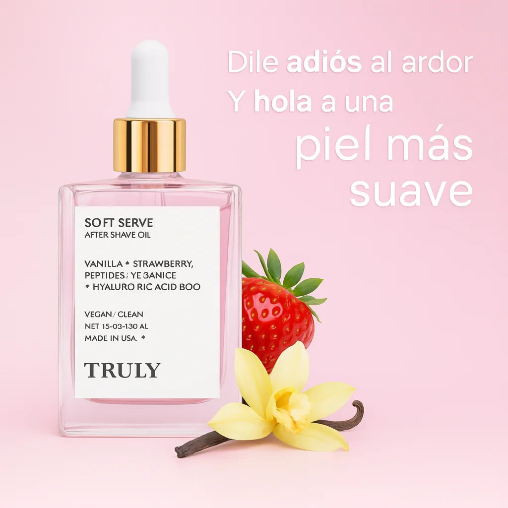 Botella de Truly After Shave con aroma a rosa y vainilla sobre fondo colorido, acompañada de textos promocionales y elementos florales.