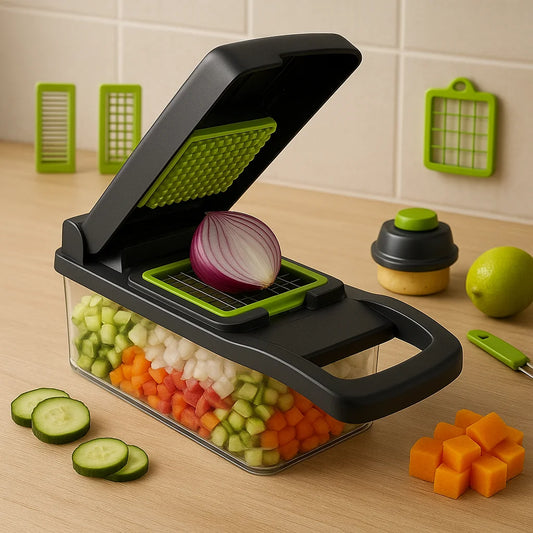 Picadora multifuncional 12 en 1 para cortar, rallar y rebanar alimentos – diseño profesional con cuchillas de acero inoxidable.