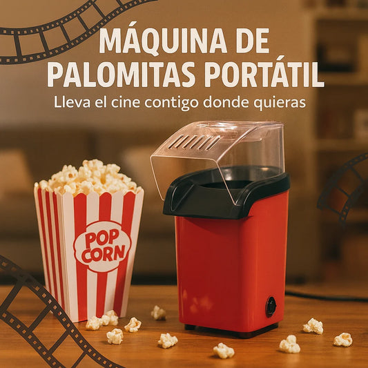 Máquina de palomitas eléctrica de color rojo con tapa transparente y medidor superior, diseñada para preparar palomitas con aire caliente sin aceite.
