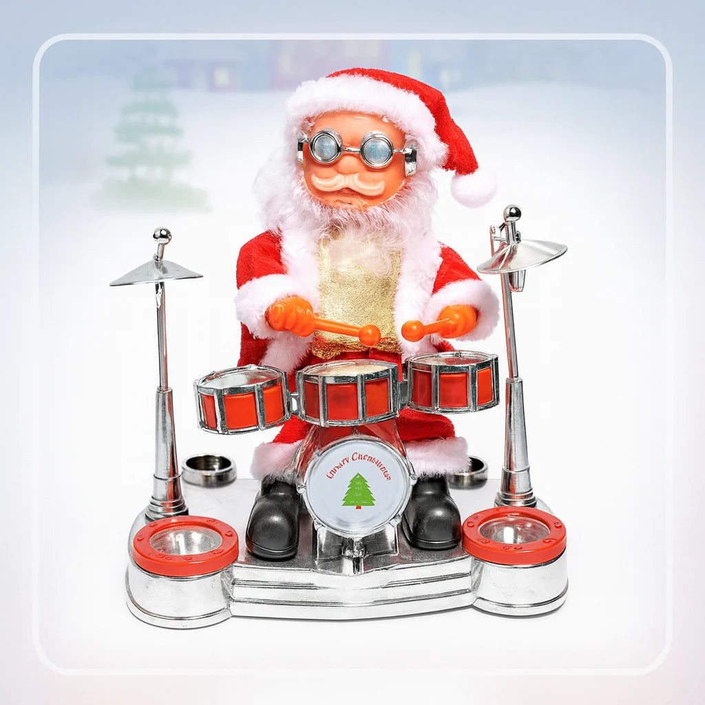 Figura navideña de Papá Noel tocando una batería con luces LED, gafas rockeras y traje rojo, sobre un escenario decorativo.