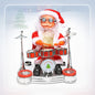 Figura navideña de Papá Noel tocando una batería con luces LED, gafas rockeras y traje rojo, sobre un escenario decorativo.