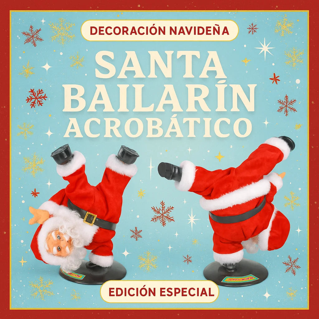 Figura de Papá Noel en pose de breakdance, vestido con traje rojo y base circular negra para decoración navideña.