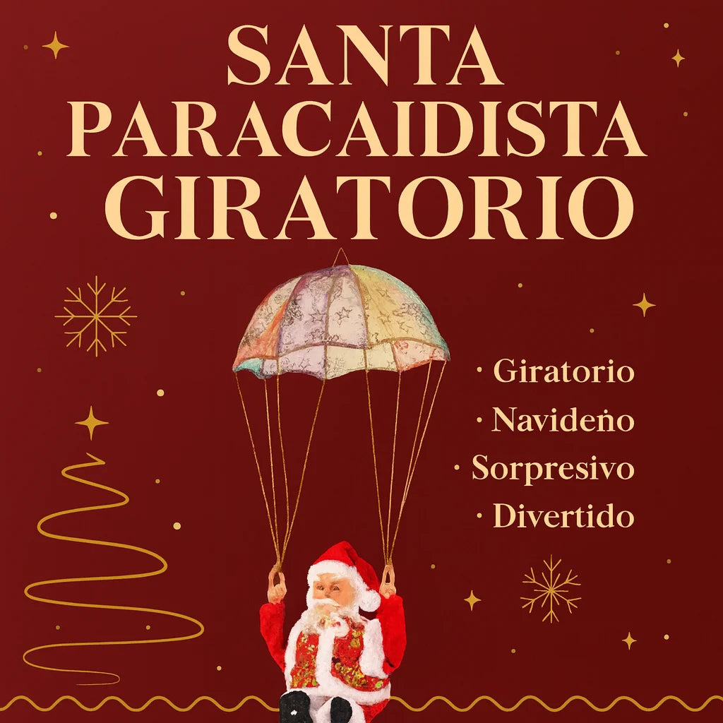 Adorno navideño de Papá Noel colgante con paracaídas multicolor decorado con estrellas, mostrando a Santa sentado con traje rojo mientras desciende sujetando las cuerdas del paracaídas.