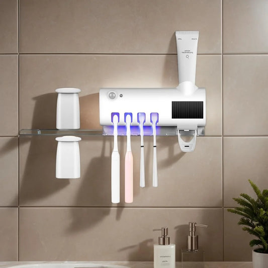 Soporte de cepillos de dientes con luz UV – desinfectante y organizador de baño moderno